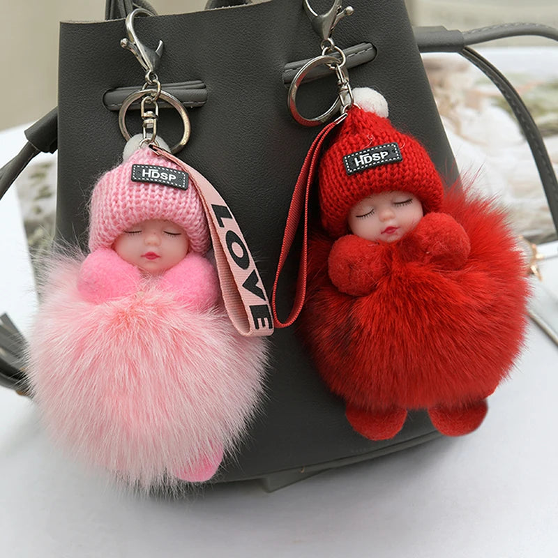 Pompom Sleeping Baby Keychain Cute Fluffy Plush Doll Keyholder Women