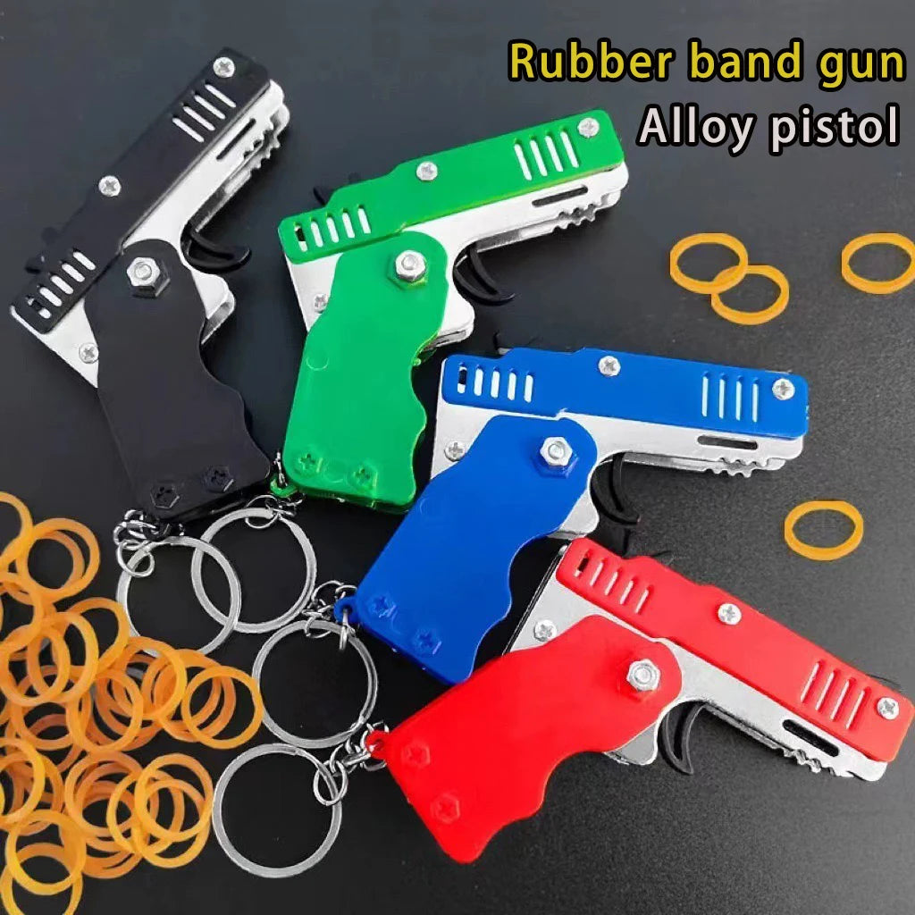 Metal Burst Rubber Band Toy - Mini Folding Launcher Toy With Keychain