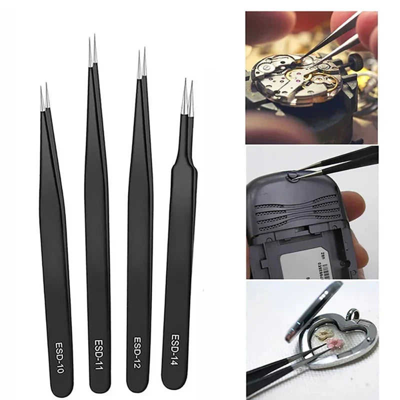 6PCS Precision Tweezers Set Stainless Steel Curved of Tweezers for