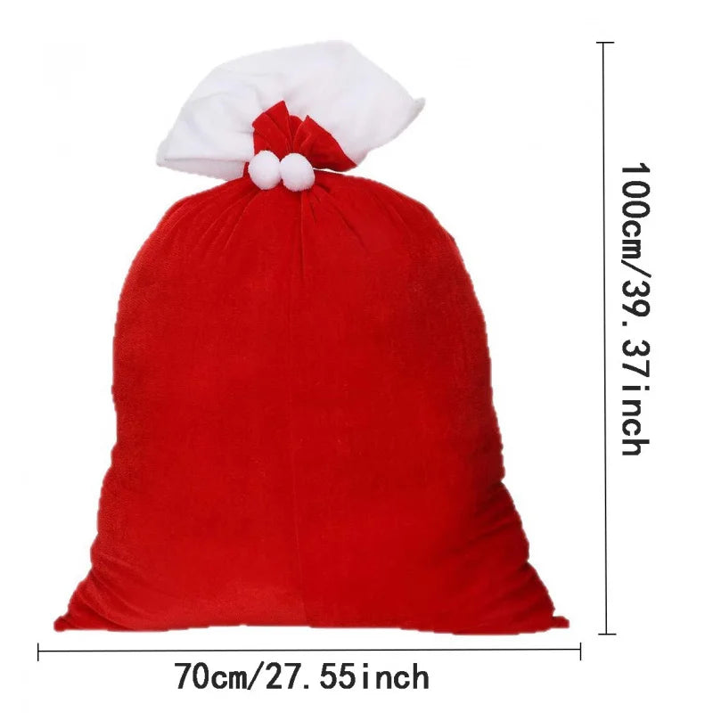Large Red Velvet Christmas Bag with White Pompom , Fluffy Gift Storage