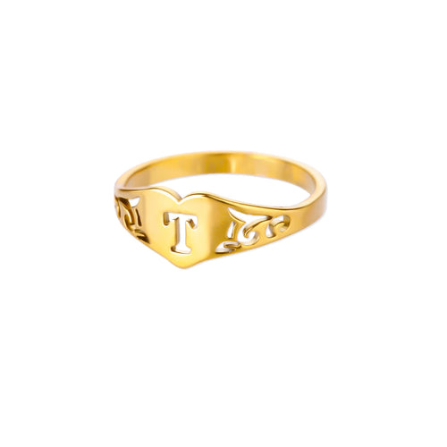 Fashion Hollow Initial Letter Heart Rings For Women Gold Color