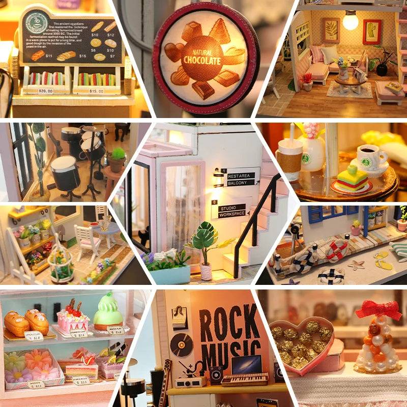 Doll House Kit Wooden Puzzle Assembly Building Model Toys Hourly Light