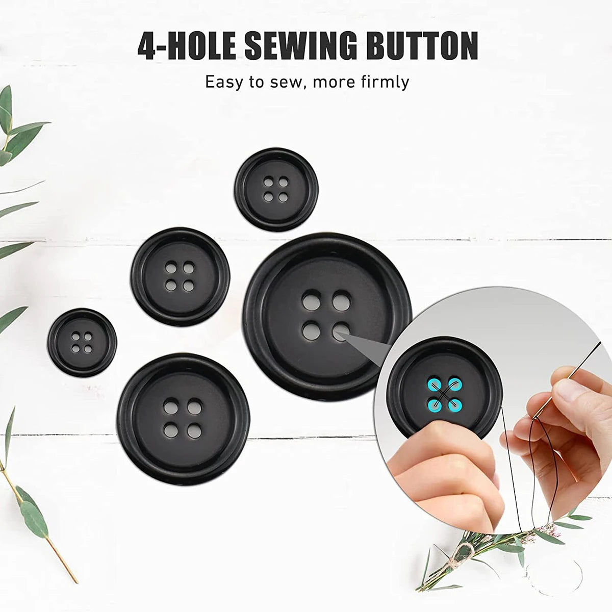 100 Pcs Black Resin Sewing Buttons, Mixed 5 Sizes of Black Buttons