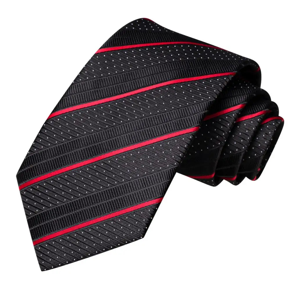 Black Red Striped Silk Wedding Tie For Men Handky Cufflink Gift Men