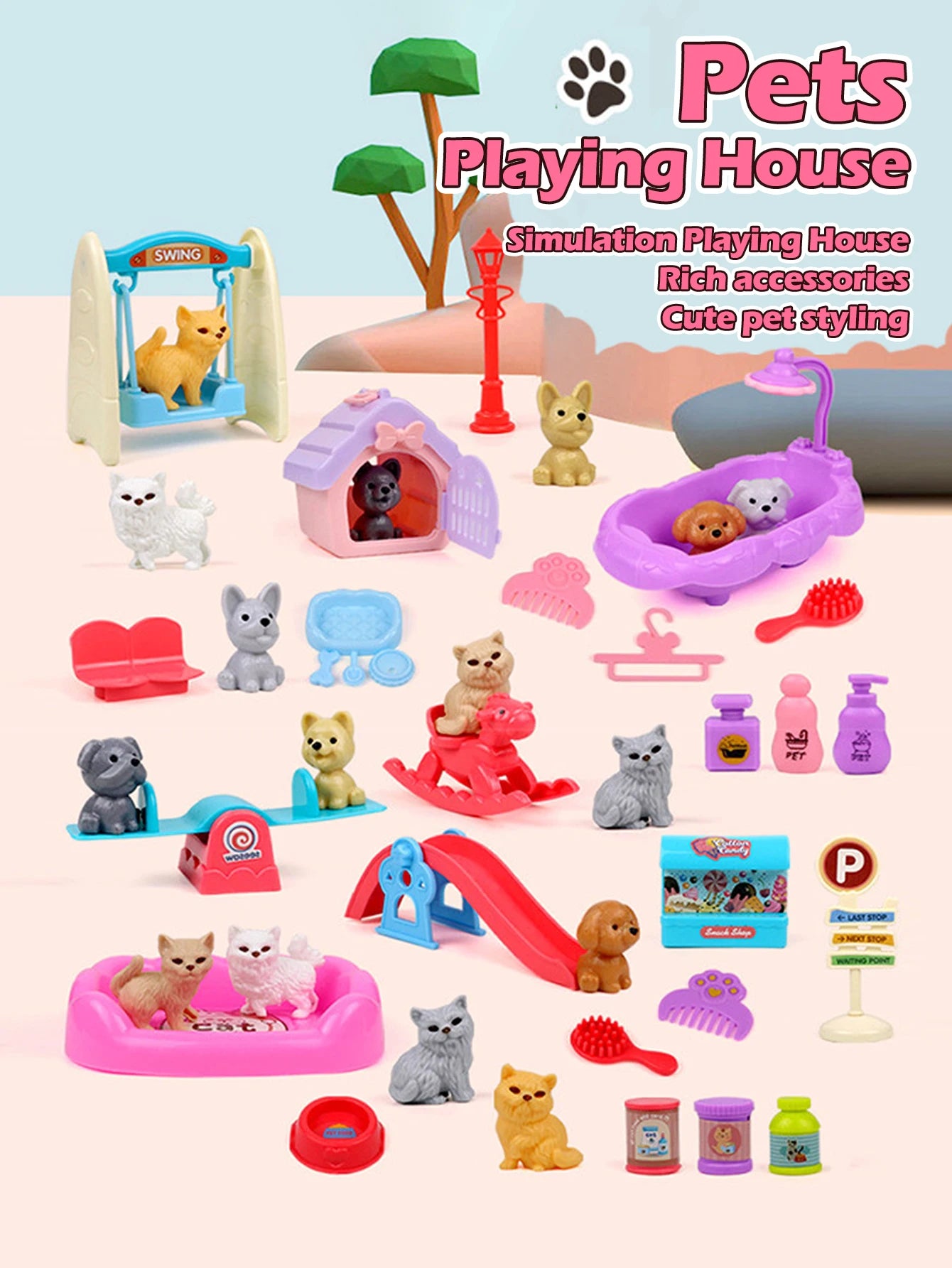 8pcs/set Cute Dog Pet Basket Family Toys Dog Doll Set Dog Cage Toys