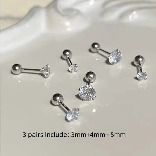 3Pairs Classic Round Cubic Zirconia Stud Earrings For Women Stainless