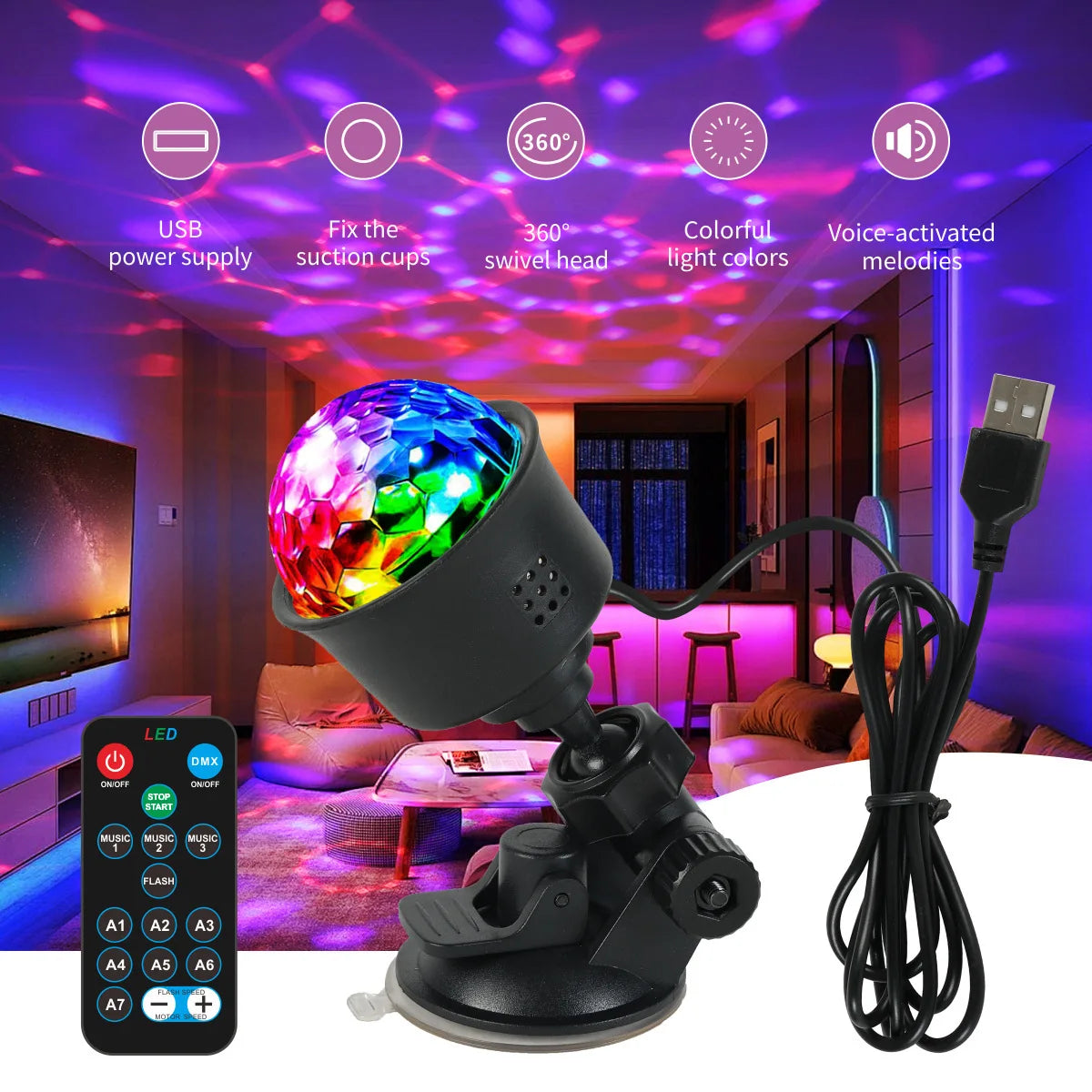 RGB LED Stage Disco Light Rotating DJ Ball Strobe Sound Control Magic