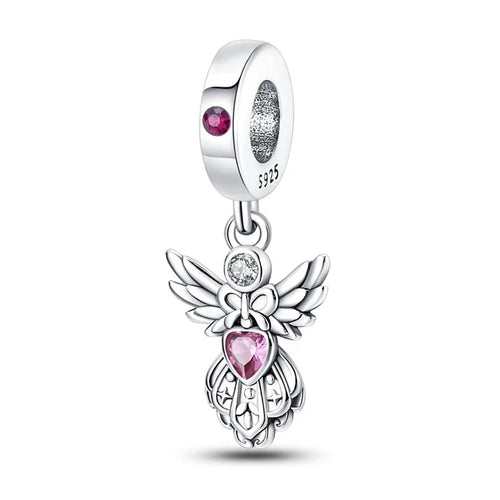 Classic Silver Plated Lotus Guardian Angel Heart-Shaped Zircon Charms