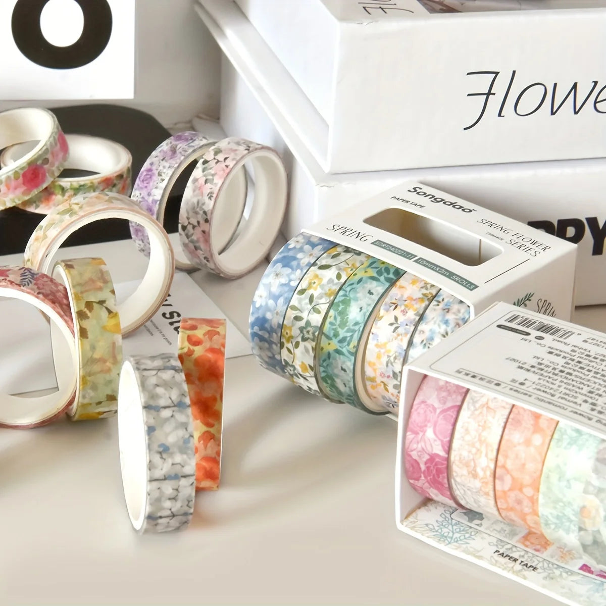 5 rolls of boxed romantic flower handbook tape, cute DIY fresh