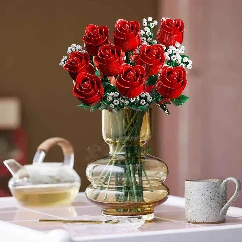 Romantic Rose Flower Bouquet Building Blocks Creative Home Desk Plant