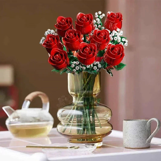 Romantic Rose Flower Bouquet Building Blocks Creative Home Desk Plant