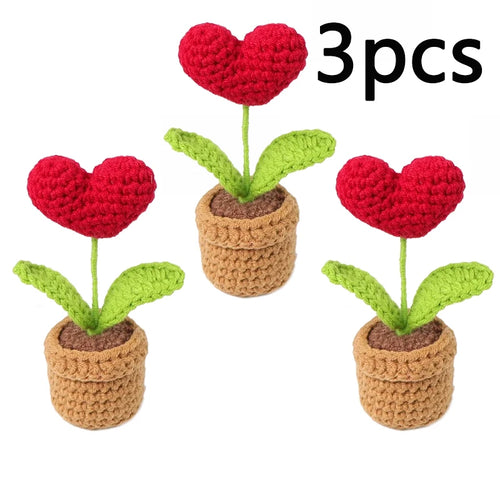 1/2/3/5Pcs Handmade Knitted Flower Pot Red Heart Shaped Knit Imitation