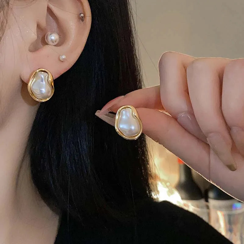 Geometric Irregular Round Metal Pearl Earrings for Women Minimalist