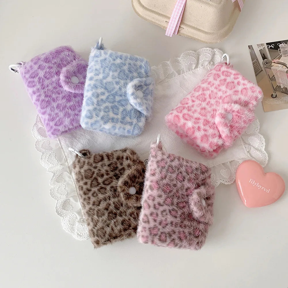 New Fashion Plush Leopard Pattern Snap Card Bag for Girls Mini Storage