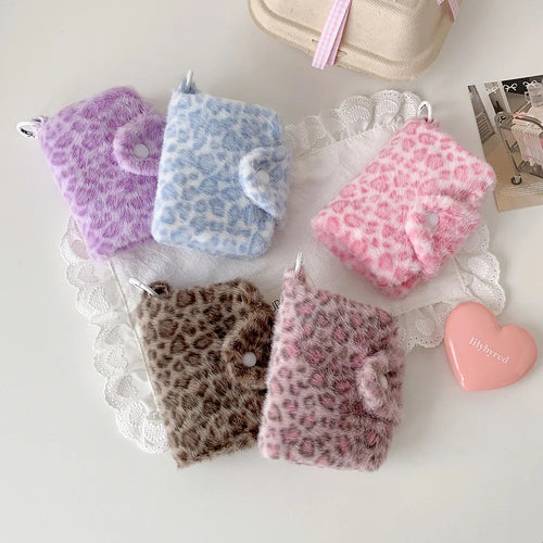 New Fashion Plush Leopard Pattern Snap Card Bag for Girls Mini Storage