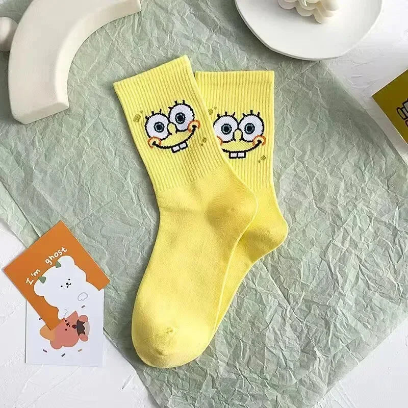 5 Pairs Kawaii SpongeBob Mid-Calf Socks Breathable Cotton Comfortable