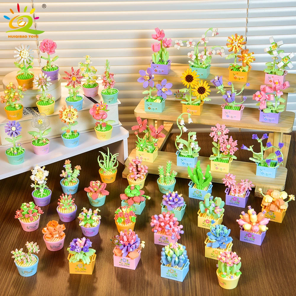 HUIQIBAO MOC Flower Succulent Potted Model Building Block DIY Eternal
