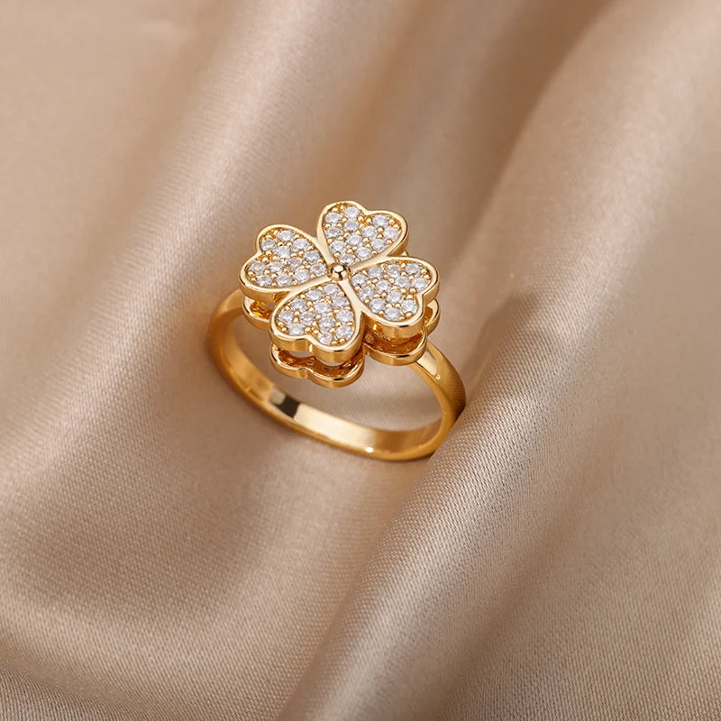 Spinner Zircon Heart Four Leaf Clover Rings For Women Stainless Steel