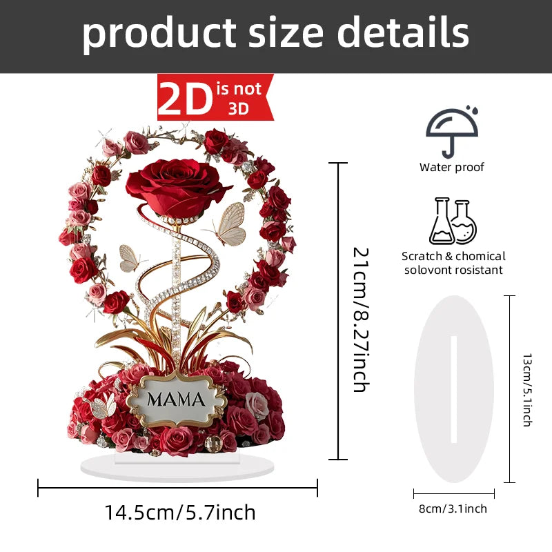 2D Acrylic Ornament Red Rose MOM Pattern Roses Mother Flat Elegant