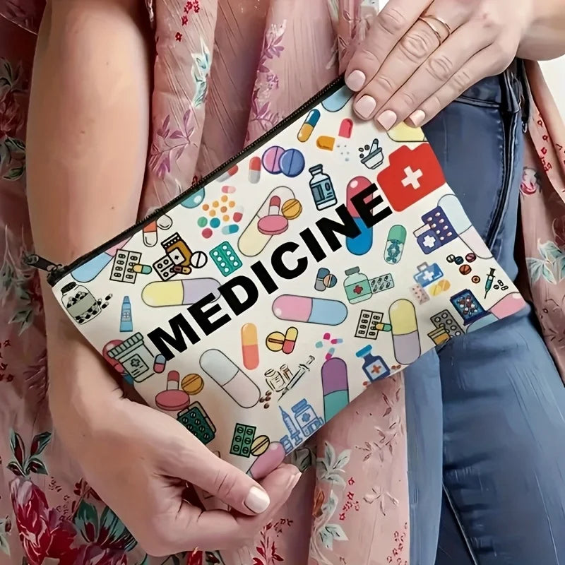 Medicine-Themed Cosmetic Travel Bag - Foldable Zippered Makeup