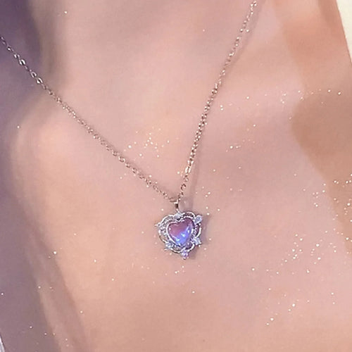 Y2K Purple Crystal Heart Pendant Necklace Women Sweet Cool Girl Punk