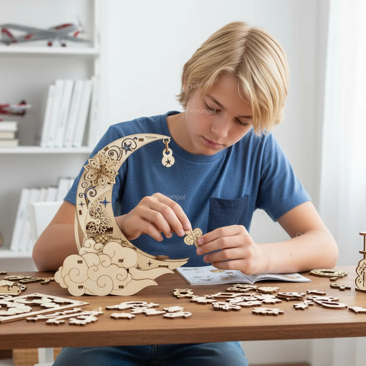 3D Wooden Puzzle Moon Star Model Music Box Building Kits Rotating