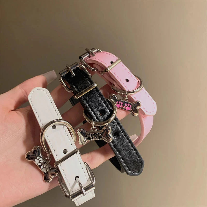 1Pcs Sweet Cool PU Leather Collar Chain Punk Dog Claw Bone Charms