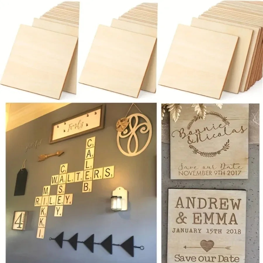 Wood Square 4x4cm Blank Wood Sheet for Crafts, Thin Unfinished Wood