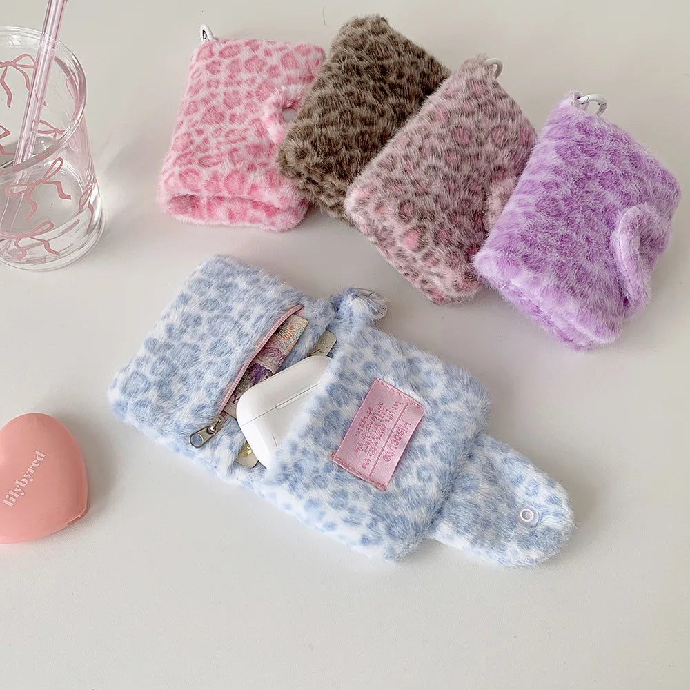 New Fashion Plush Leopard Pattern Snap Card Bag for Girls Mini Storage