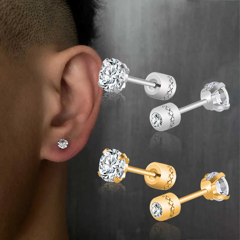 1Pair Stainless Steel Crystals Stud Earrings For Men Women Not Fade