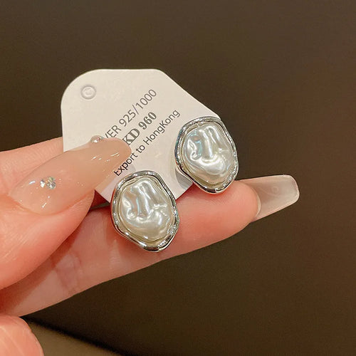 Geometric Irregular Round Metal Pearl Earrings for Women Minimalist