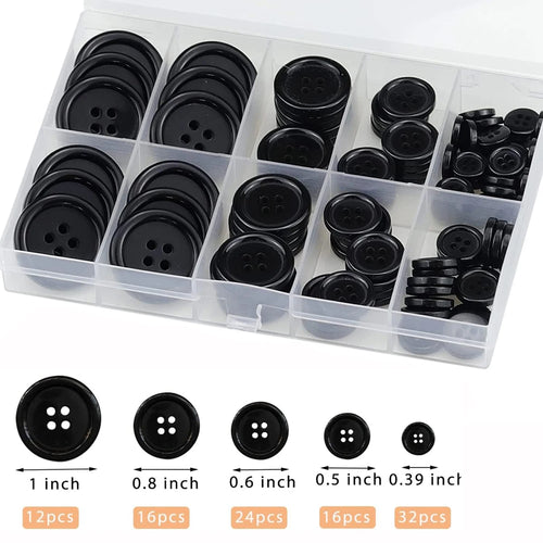 100 Pcs Black Resin Sewing Buttons, Mixed 5 Sizes of Black Buttons