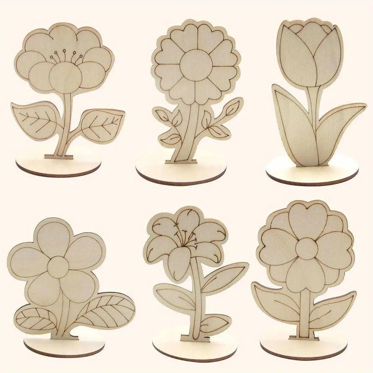 6Pcs/Set Rose/Lily/Sunflower Wooden Ornament Wood DIY Painting Crafts