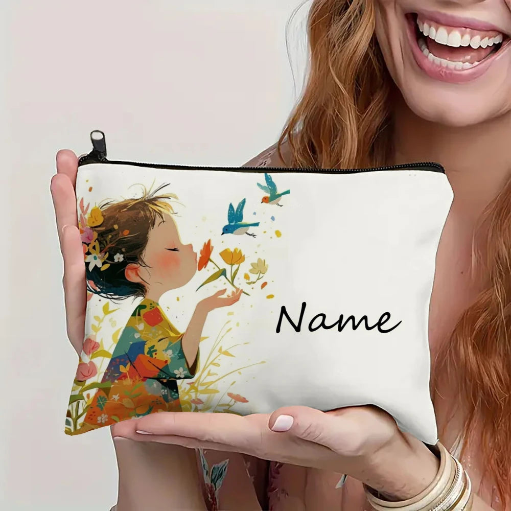 Custom Name Vintage Cute Girl Pattern Makeup Bag Handbag Toiletry Bag