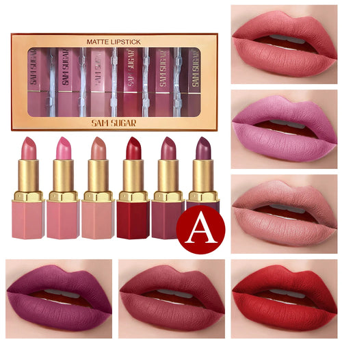 6 Colors Gold Bar Tube Lipstick Matte Texture Pearlescent Glitter