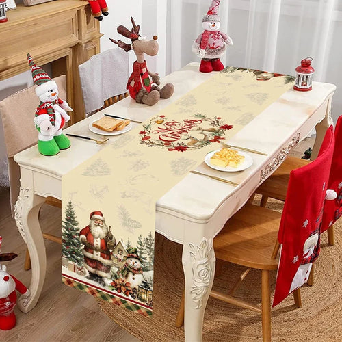Vintage Christmas Table Runner Retro Santa Claus Table Cover Christmas