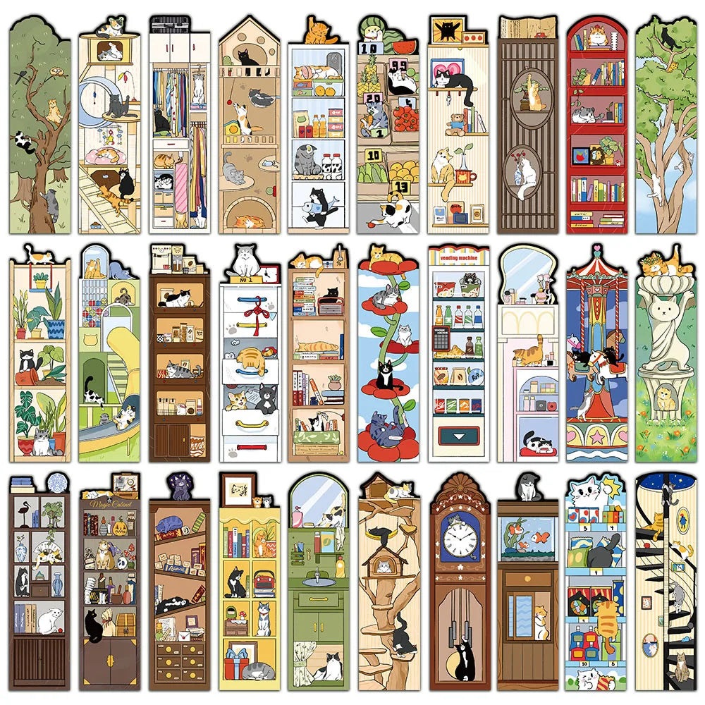 30PCS Cat Scene Bookmark Cartoon Cute Reading Page Book Label