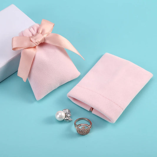 10pcs/lot 7x9cm Pink Velvet Ribbon Bag Drawstring Earrings Rings