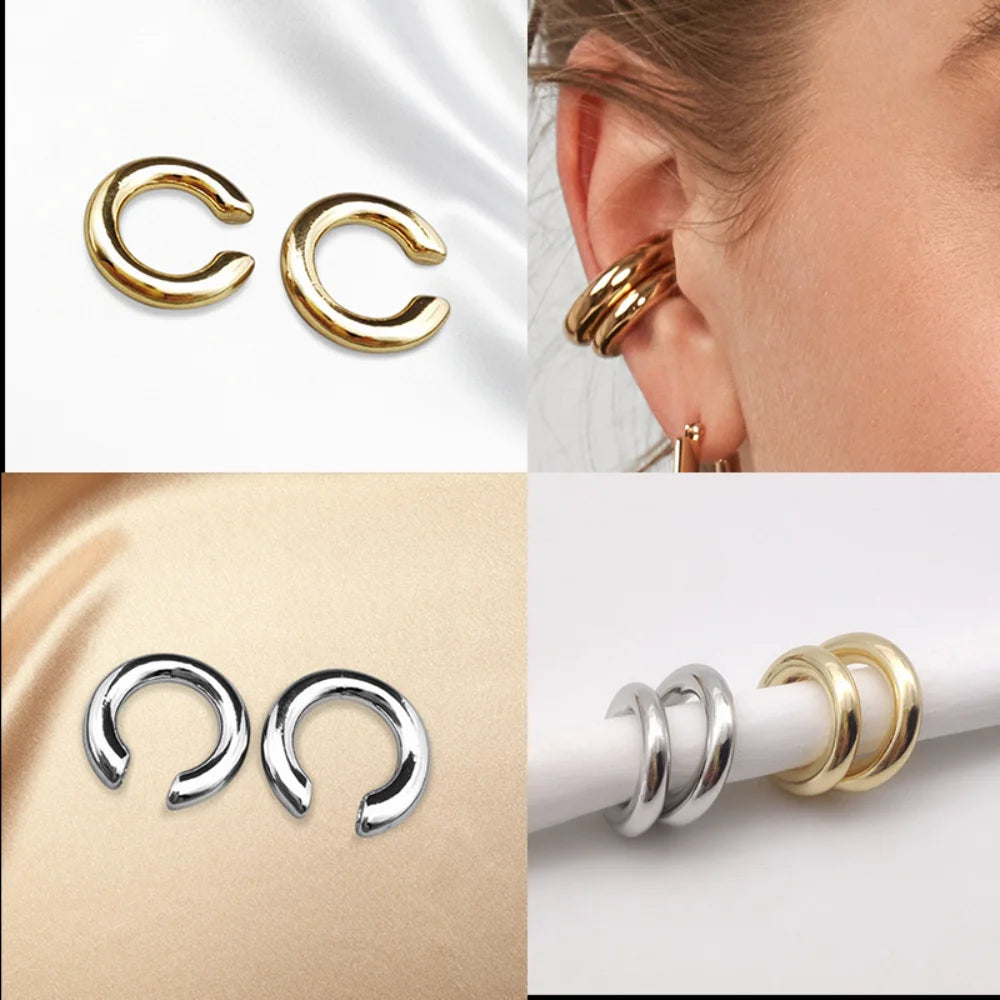 Minimalist Gold Color Round Earrings for Women Earcuff Women No