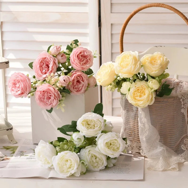 30cm Rose Pink Silk Bouquet Peony Artificial Flower 5 Big Head 4 Small