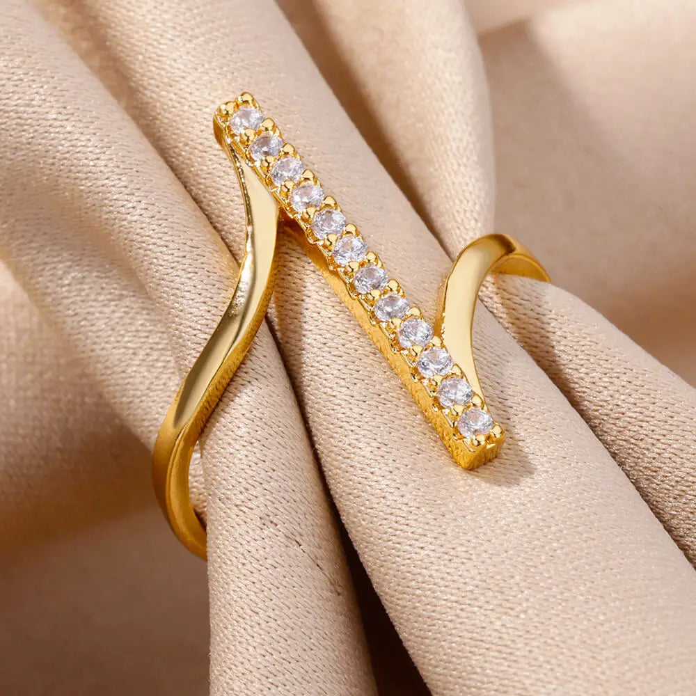 Zircon Geometric Rings For Women Gold Color Stainless Steel Opening