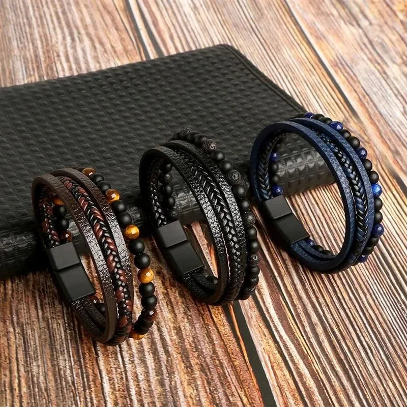 Men Leather Bracelet Classic Fashion Tiger Eye Beaded Multi Layer