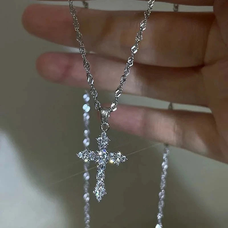 Shiny Crystal Zircon Cross Pendant Necklace for Women Girls Punk