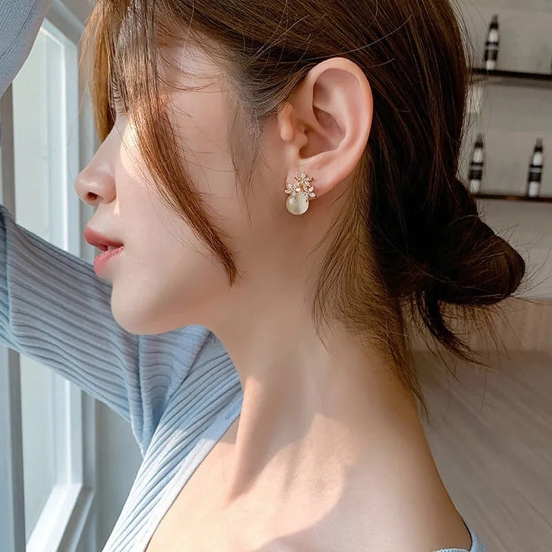 Flower Rhinestones Opal Stud Earrings for Women Small Exquisite Sweet