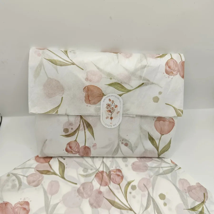 Elegant Tulip Patterned Tissue Paper Floral Design with Green Leaves