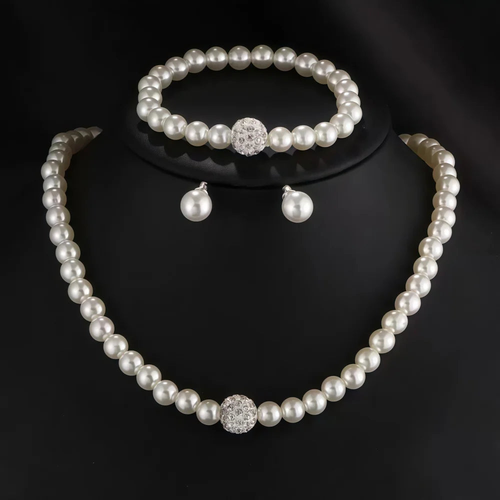 3 PCS Imitation Pearl Fireball Necklace Bracelet Earring Stud Jewelry