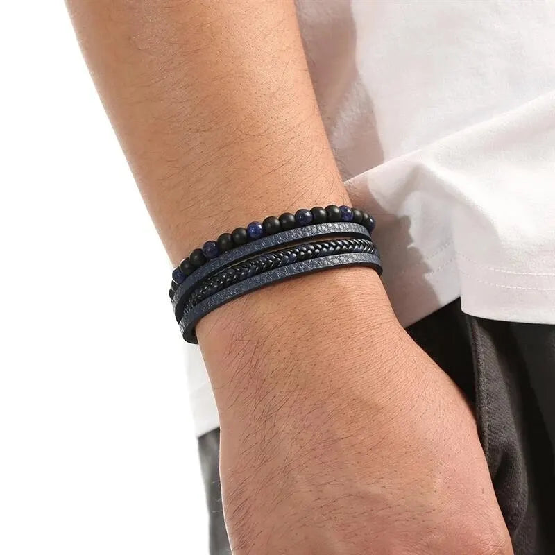 Men Leather Bracelet Classic Fashion Tiger Eye Beaded Multi Layer