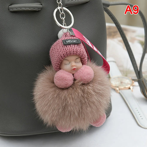 Pompom Sleeping Baby Keychain Cute Fluffy Plush Doll Keyholder Women