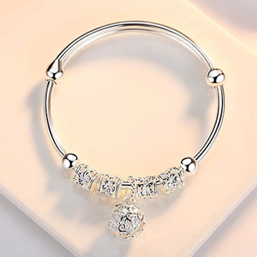 Fine Silver Color Hollow Bells Ball Bangles Adjustable Bracelets for