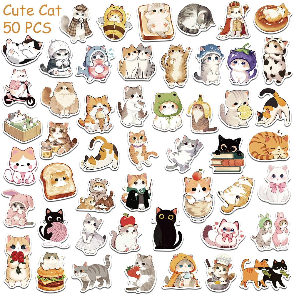 50pcs Cartoon Cute Cats Stickers Decals For Laptop Notebook Skateboard